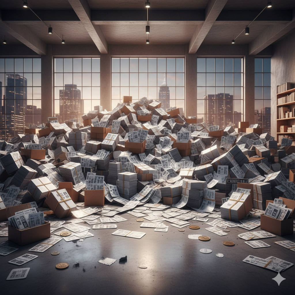 Delivered by dump truck, the scratch cards literally covered the entire floor.