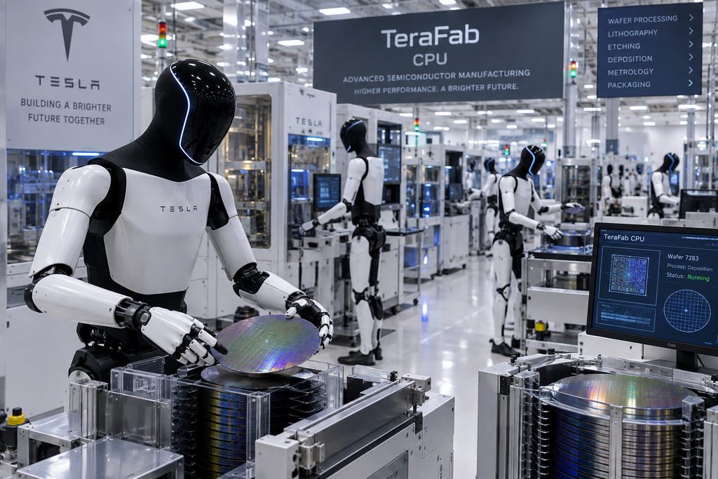 An artist image of the inside of Tesla Terafab with Optimus robots working the production lines